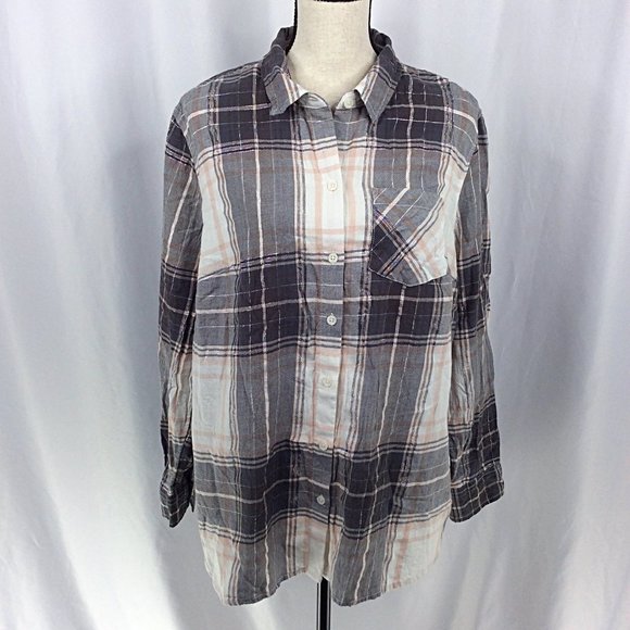 Faded Glory Top Womens Size 1X / 16W Gray Pink Plaid Long Sleeve Button Down - Picture 1 of 6